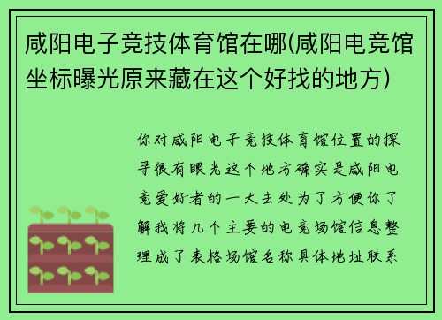 咸阳电子竞技体育馆在哪(咸阳电竞馆坐标曝光原来藏在这个好找的地方)