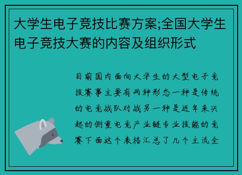 大学生电子竞技比赛方案;全国大学生电子竞技大赛的内容及组织形式